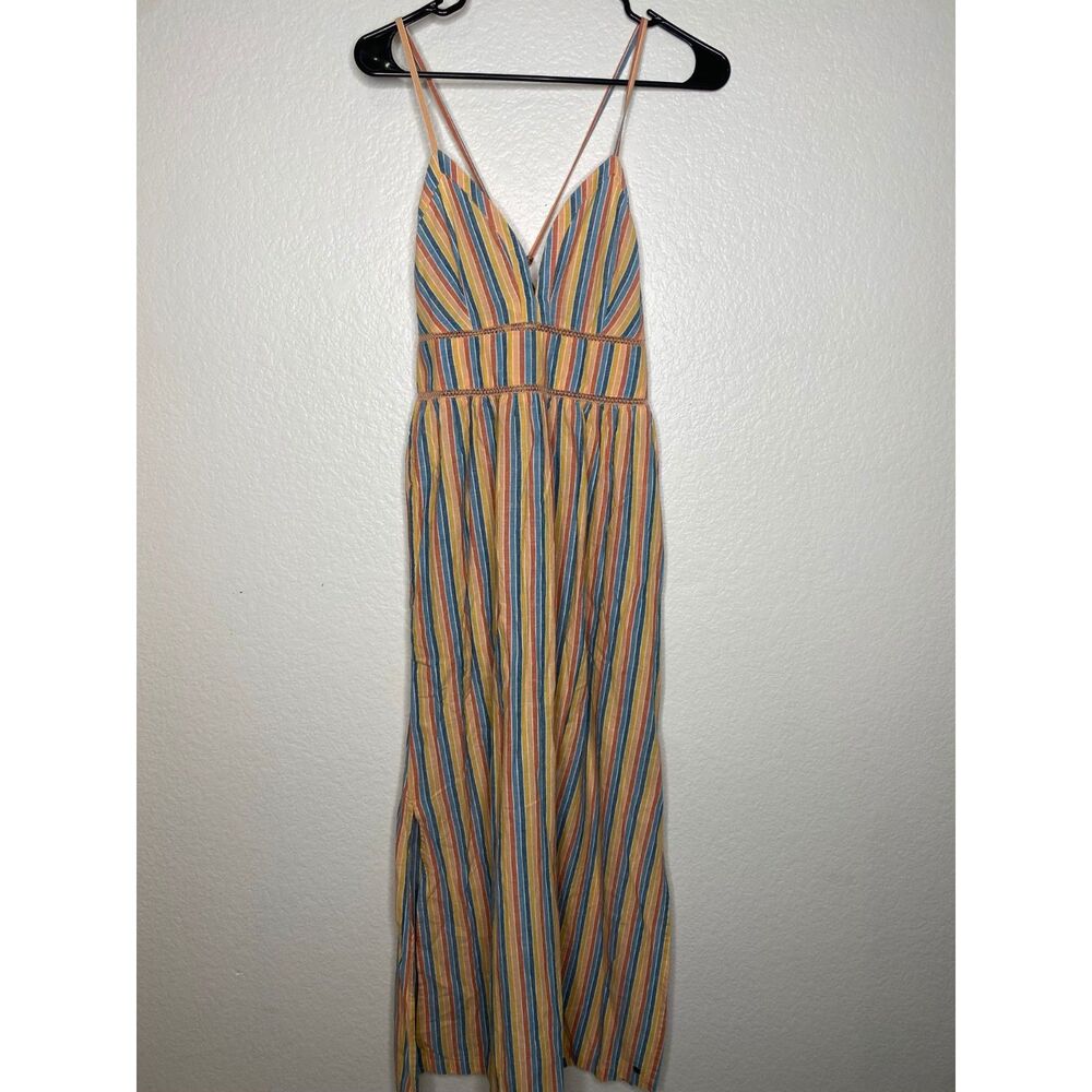 Roxy womens striped maxi dress linen summer crotchet festival boho beach M